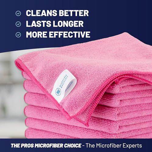 MW PRO Microfiber Cleaning Cloths Pink (12 Pack, 12x12) - Commercial Janitorial Towels & Lint Free Rags - Heavy Duty for Auto Detailing, Glass Windows, Housekeeping & Screens - Washable 300+ Times - color: Pink, size: 12 Count (Pack of 1)