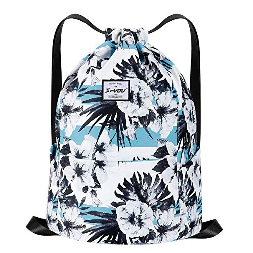 XEYOU Drawstring Backpack Bag Sport Gym Sackpack Beach Cinch Bag | Lightweight Swimming Bag, Water-Resistant Fabric, Travel Daypack for Women and Men - color: Black and White Flower Pattern