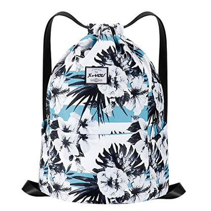 XEYOU Drawstring Backpack Bag Sport Gym Sackpack Beach Cinch Bag | Lightweight Swimming Bag, Water-Resistant Fabric, Travel Daypack for Women and Men - color: Black and White Flower Pattern