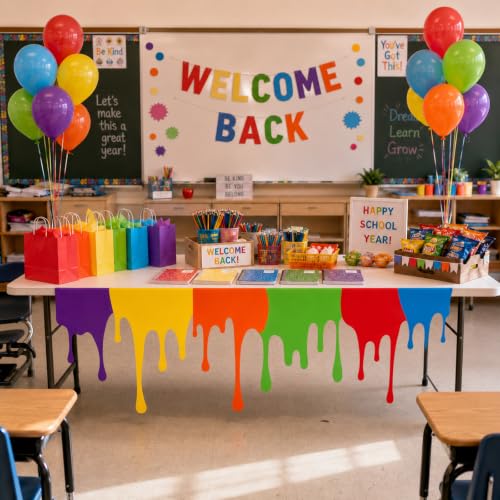 Rainbow Paint Drip Table Skirt 71×30in Polyester Neon Table Cloth with Adhesive Back,Teacher Desk Skirts for Teacher Desk,Art Classroom Decor,Back to School Kids Art Table Party Supplies