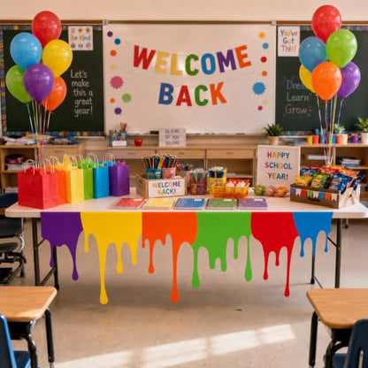 Rainbow Paint Drip Table Skirt 71×30in Polyester Neon Table Cloth with Adhesive Back,Teacher Desk Skirts for Teacher Desk,Art Classroom Decor,Back to School Kids Art Table Party Supplies