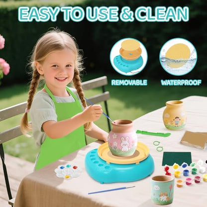 Pottery Wheel for Kids, Complete Kit with Air-Dry Clay, Ages 8-12 | Beginner pottery kit with air-dry clay, 12 paints, clay tools and apron - no kiln needed, screen-free craft gift ages 8-12 - color: Blue