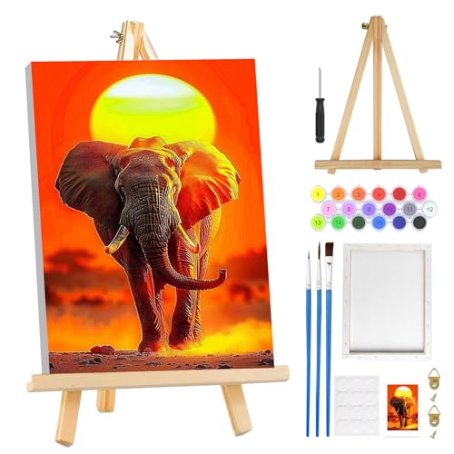 MOGTAA Paint by Numbers Kit for Adults with Frame, Elephant Paint by Number Canvas, Sunset Paint by Numbers with Easel, DIY Animal Oil Painting Kit for Home Wall Decor 8 x 12 Inch - color: Elephant