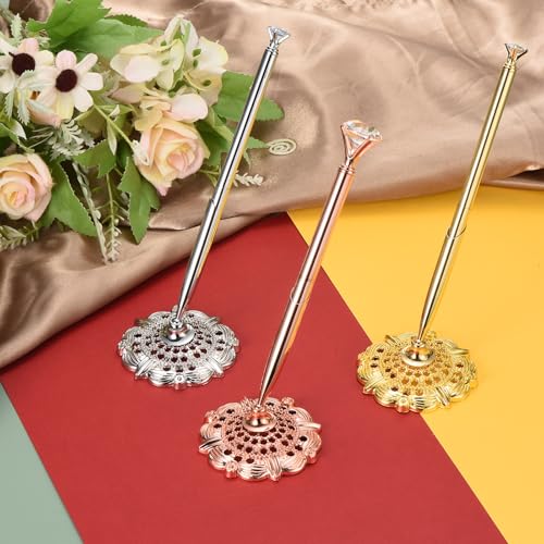 PATIKIL Hollow Round Pen Holder Signing Pen Set, Wedding Pen with Crystal Diamond and Pen Holder for Wedding Guests Book Engagement Opening Ceremony, Rose Gold - color: Rose Gold
