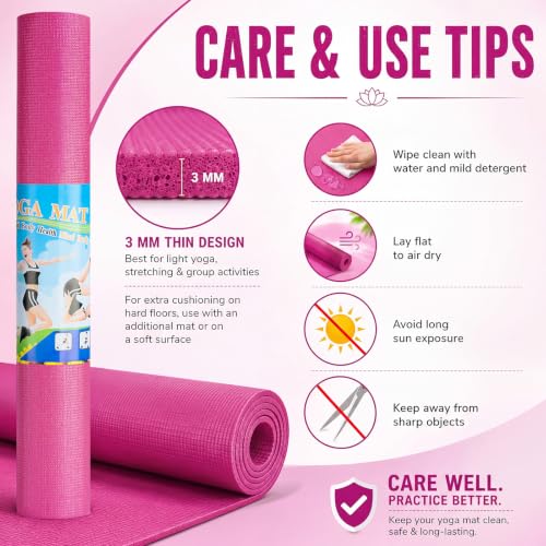 Funtery 3 mm Thin Yoga Mats Bulk, 68 x 24 in - color: Rose Red
