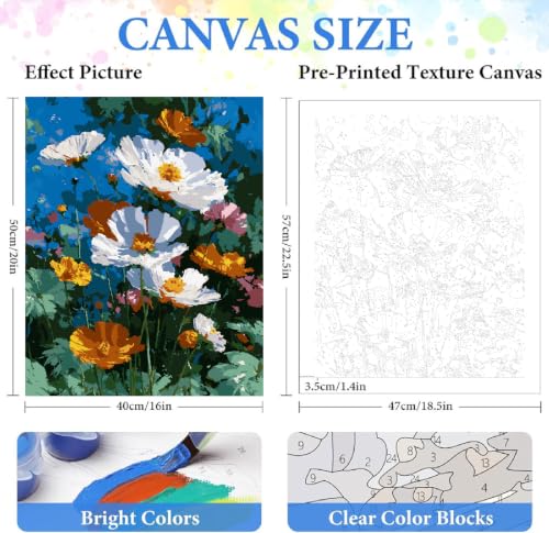 ZRIZQ Flowers Paint by Numbers Kit for Adults Beginner,Daisy, 16x20 | Full set with wooden brushes,rolled canvas,rich paints.Calming activity.Beginner friendly.Just open and paint. - color: 16"X20"Rolled Canvas-Daisy