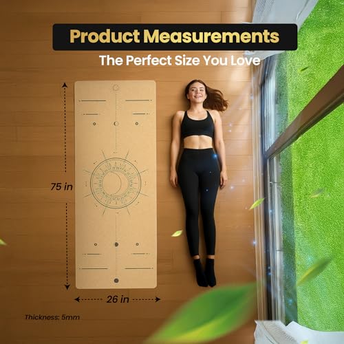Cork Yoga/Excercise Mat with Carrying Strap | 72in x 26in | 5mm Thick | Luxury | Eco-Friendly | Non-Slip & Water Absorbent | Alignment and Pose Markers | Laser Engraved Design | Pilates