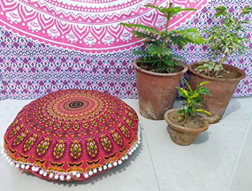 INDIAN CRAFT CASTLE 24" Red Peacock Mandala Barmeri Large Floor Pillow Cover Cushion Meditation Seating Ottoman Throw Cover Hippie Decorative Zipped Bohemian Pouf Ottoman Pom Pom Cases 24" Round - color: Red, style: 24 Inch Round