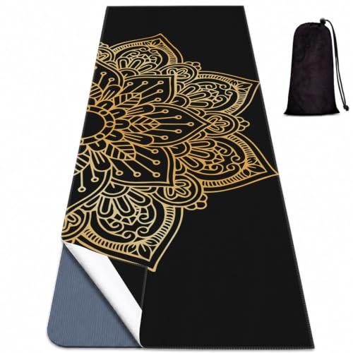 Yoga Mat Towel, Hot Yoga Non Slip with 4 Corner Pockets, 74 x 26 in | Soft Absorbent Microfiber With Four Corner Pockets, Fits Over Yoga Mats For Hot Yoga, Pilates, Gym, And Travel - color: Gold Flower-01, size: Large