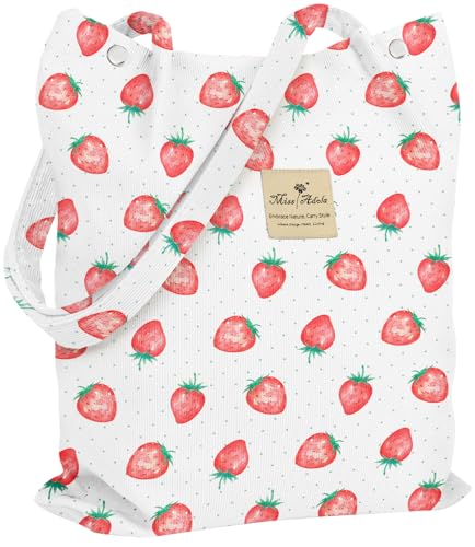Miss Adola Corduroy Tote Bag for Women with Aesthetic Design | Magnetic Buckle & Pocket, Reusable, Soft, Roomy, Long Shoulder Handles, Double-sided Print, Casual Daily Work, Grocery Bags - color: Strawberry Dots