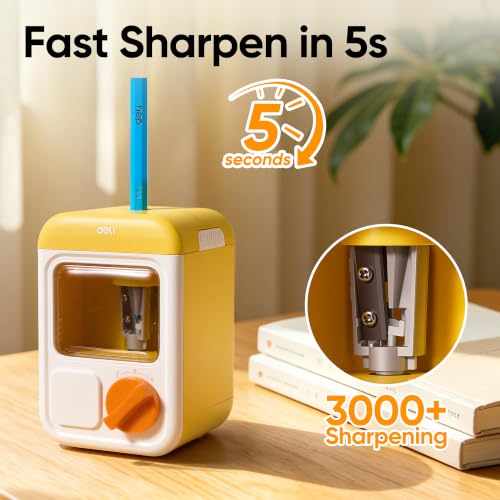 deli Electric Sharpener, Battery Powered, 3 Sizes for 6.5–8mm Pencil - color: Yellow