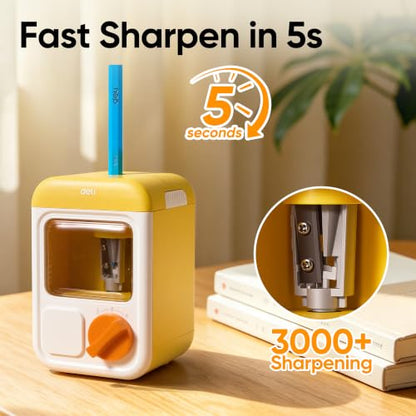 deli Electric Sharpener, Battery Powered, 3 Sizes for 6.5–8mm Pencil - color: Yellow