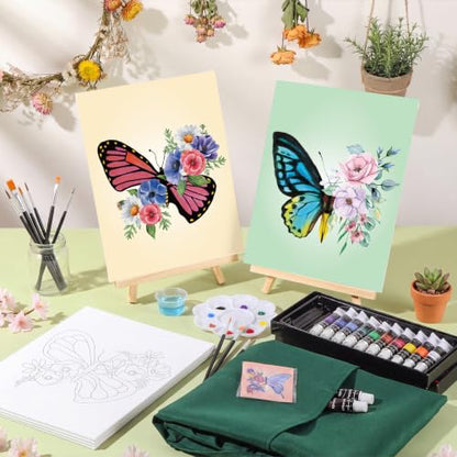 Cholemy 6 Set Paint and Sip Kit for Adults 8"x 10" Pre Drawn Canvas Painting with Wooden Easel Acrylic Paint Wash Cup Brushes Palette Apron for Painting DIY Adult's Date Party Supplies (Butterfly) - style: Butterfly
