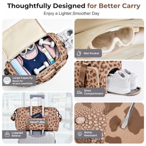 FIORETTO Women's Gym Duffle Bag with Shoes Compartment, 30L Capacity, Ideal for Travel, Gym, Sports, Duffel, Weekender - color: Leopard Brown, style: Gym Bag