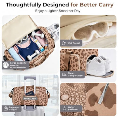 FIORETTO Women's Gym Duffle Bag with Shoes Compartment, 30L Capacity, Ideal for Travel, Gym, Sports, Duffel, Weekender - color: Leopard Brown, style: Gym Bag