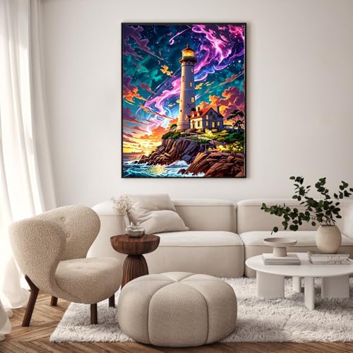 GEEHEIY Paint by Numbers Kit for Adults, Lighthouse Aurora, 16 x 20 Inch | DIY Adult Paint by Number Kit on Canvas for Beginners, without Frame, Coastal Wall Decor, Stress Relief Craft Gift - color: TRTDNF1P410