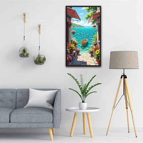 ARTGOTO Large Paint by Numbers for Adults Mediterranean Seaside Village | 15.7x27.5inch/40x70cm Paint by Number Kit on Canvas, Coastal Alley Acrylic Painting Set with Brushes & Instructions, No Frame - color: PBN062