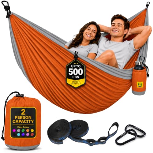 Durable Hammock 500 lb Capacity, Nylon Camping Hammock Chair - Double or Single Sizes w/Tree Straps and Attached Carry Bag - for Travel/Backpacking/Beach/Backyard (Large, Orange & Light Grey) - color: Orange & Light Grey, size: Large