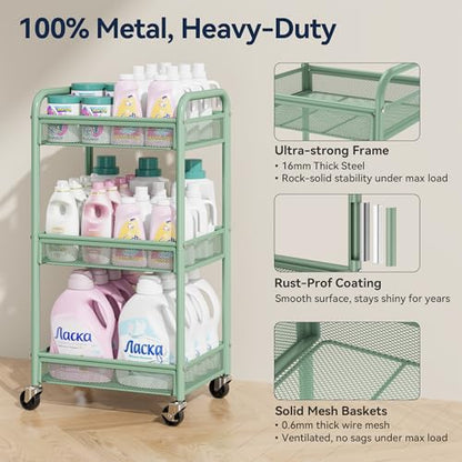 YASONIC 3 Tier Metal Rolling Cart, Green Utility Storage Cart with Wheels - color: Green, size: 3-tier