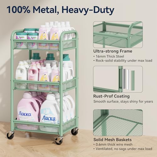 YASONIC 3 Tier Metal Rolling Cart, Green Utility Storage Cart with Wheels - color: Green, size: 3-tier