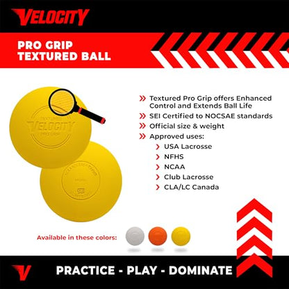 Velocity Pro Grip Lacrosse Balls - 6, 12, 18, 60 and 120 Packs - Certified for Youth, Club, High School, CLA, and College Game Play - color: Yellow, size: 6 Balls