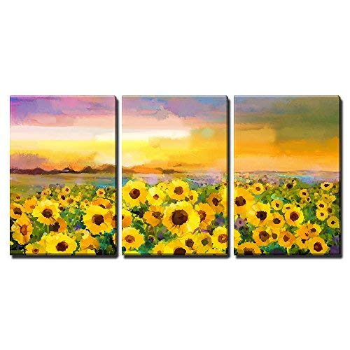 wall26 - 3 Piece Canvas Wall Art - Oil Painting Yellow- Golden Sunflower, Daisy Flowers in Fields. Sunset Meadow Landscape - Modern Home Art Stretched and Framed Ready to Hang - 16"x24"x3 Panels - color: Artwork - 11, size: 24" x 16" x 3 Panels