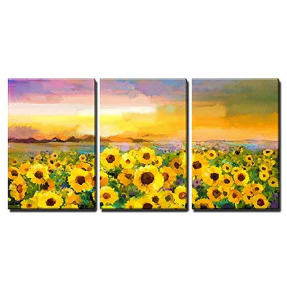 wall26 - 3 Piece Canvas Wall Art - Oil Painting Yellow- Golden Sunflower, Daisy Flowers in Fields. Sunset Meadow Landscape - Modern Home Art Stretched and Framed Ready to Hang - 16"x24"x3 Panels - color: Artwork - 11, size: 24" x 16" x 3 Panels