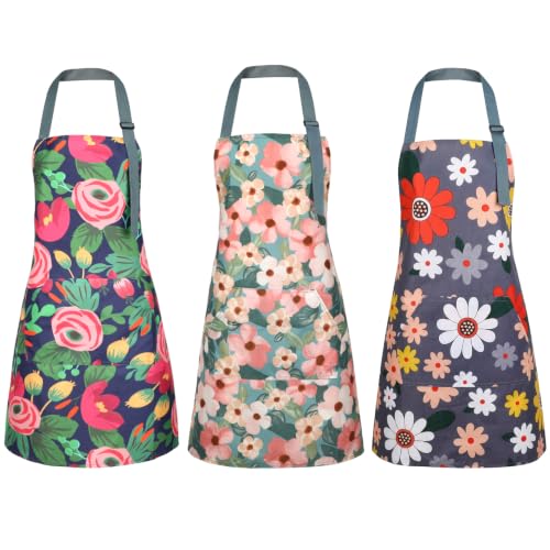 BOUMUSOE 3 Pack Floral Aprons with Pocket, Blooming Womens Aprons | Waterproof Adjustable Cooking Aprons for Kitchen Gardening and Salon - color: Red, Pink, Yellow