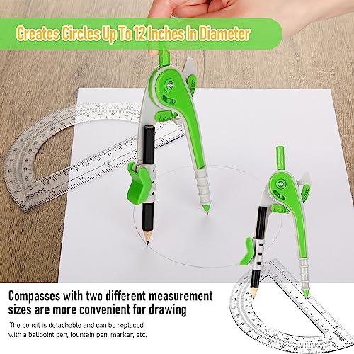 EBOOT Student Geometry Math Set, Drawing Compass and 6 Inch Clear Swing Arm Protractors 180 Degree Math Protractor (Green) - color: Green