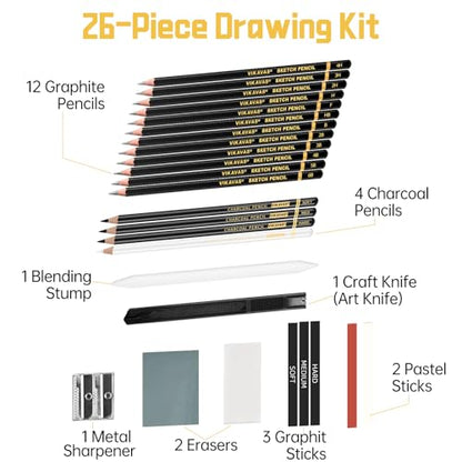 Professional Sketch Pencil Set – 26 PCS Complete Drawing Kit for Artists Graphite, Charcoal, Pastel, Erasers & Tools for Sketching, Shading & Detailing