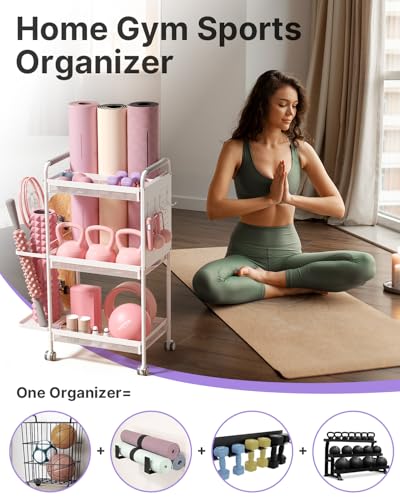YOTTOY 3-Tier Gym Storage Rack for Home Gym–Multi-Functional Weight Rack, Dumbbell Rack, Yoga Mat Holder with Side Basket & 6 Hooks, Gym Equipment Organizer - color: White