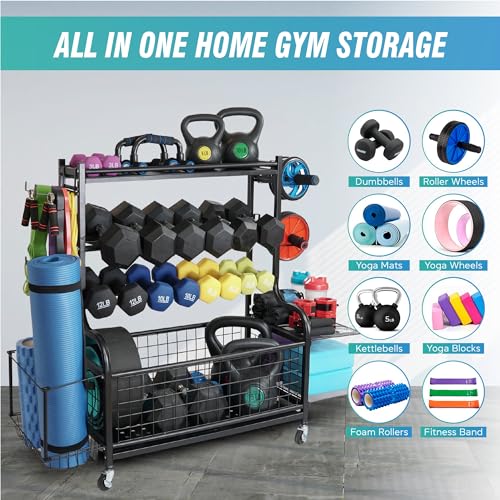 STUFFSTASH Dumbbell Rack for Home Gym, Heavy Duty Weight Rack for Dumbbells, Adjustable Dumbbell Stand with Storage, 700LB Capacity Gym Equipment Organizer with Wheels