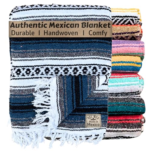 Del Mex Classic Mexican Blanket, Large Authentic Woven Falsa Throw (70"x50"), Artisan Southwest Décor for Beach, Yoga, Outdoors (Navy Blue) - color: Navy Blue