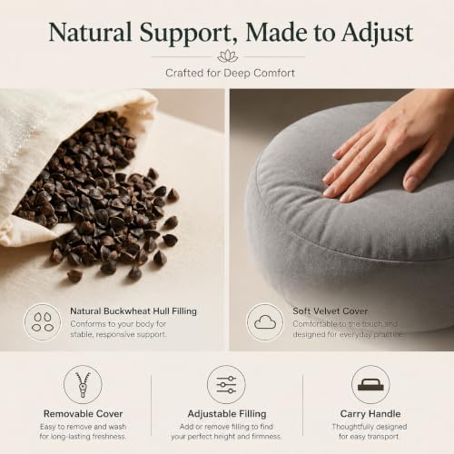 Meditation Cushion Set with Buckwheat Zafu Pillow, Meditation Starter Kit | Meditation Starter Kit with Buckwheat Zafu Cushion, Breathing Light, Singing Bowl & Eye Pillow for Mindfulness