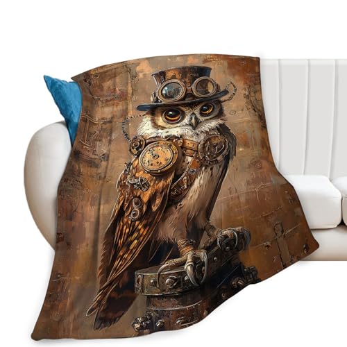 Retro Owl Blanket, Steampunk Throw Blanket, Owl Gifts, Vintage Blankets, Owls Stuff Fleece Flannel Plush for Women Men Boys Girls Lovers Adults Soft Bedding for Sofa Bed Office Home Decor 80"X60" - color: Steampunk Owl, size: 80"x60"