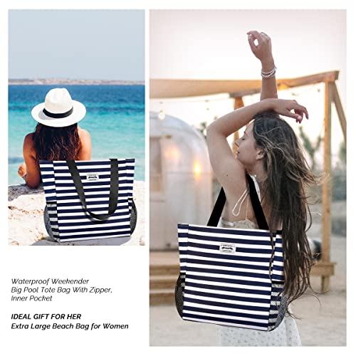 Buringer Large Waterproof Beach Bag for Women Sandproof Tote Bag with Zipper and Pockets Pool Bag for Travel Gym Vacation - color: Blue Stripes