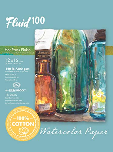 Fluid 100 Watercolor Paper Block, 12 x 16 inches, 15 Sheets, 140 lb (300 GSM) 100% Cotton Hot Press Pad for Artist Painting and Wet Media - size: 12 x 16