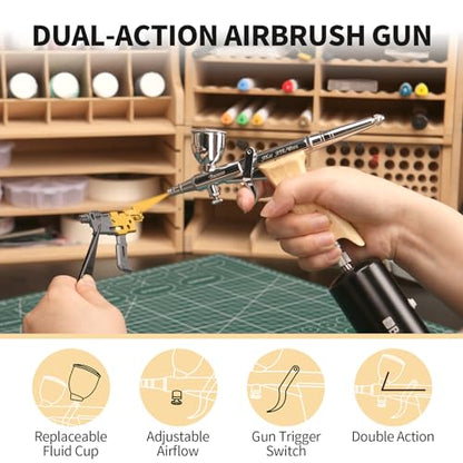 Bucasso Airbrush Kit, Air Brush Spray Gun with 0.3mm/0.5mm/0.8mm Needles/Nozzle Sets, 3cc/7cc/11cc Replaceable Fluid Cup for Painting Model Nails Cake Tattoo Makeup - color: W002-Burlywood