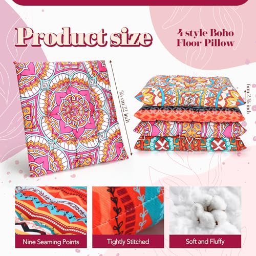 Nuogo 4 Pack Large 22 Inch Bohemian Floor Pillows Square Boho Floor Cushions Seating Pillows for Soft Yoga Meditation Pillow Mandala Pouf for Living Room Tatami Reading Nook(Exquisite)