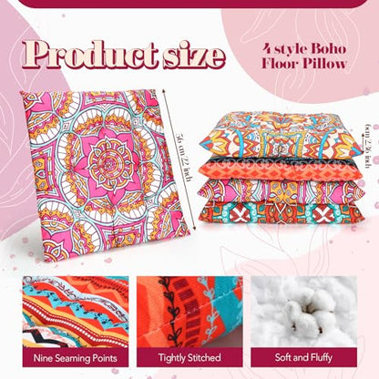 Nuogo 4 Pack Large 22 Inch Bohemian Floor Pillows Square Boho Floor Cushions Seating Pillows for Soft Yoga Meditation Pillow Mandala Pouf for Living Room Tatami Reading Nook(Exquisite)