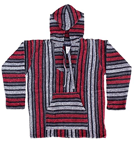 Del Mex Mexican Baja Hoodie Hippie Surf Poncho Sweater Sweatshirt Pullover Jerga - color: Red, size: X-Large