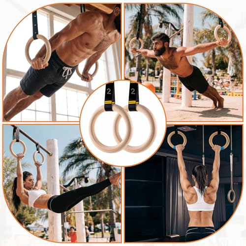 Wooden Gym Rings, 9ft Double-Layer Numbered Straps Quick Adjust | 1.25” Olympic Rings for Home Gym Small Apartment Hotel Camping Full Body Workout Calisthenics Strength Training Body