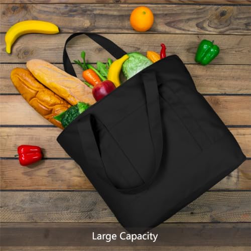 TOPDesign 1-Pack Canvas Tote Bag with an External Pocket, Reusable Grocery Shopping Bag, Top Zipper Closure, Daily Essentials (Black) - color: Black