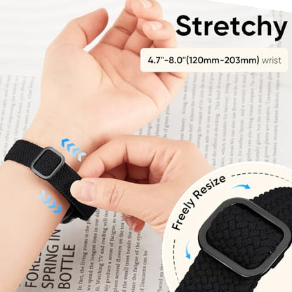 Slim Braided Stretchy Band Compatible with Apple Watch Bands Women | 40mm 41mm 42mm 38mm 44mm 45mm 46mm 49mm Thin Elastic Nylon Solo Loop Strap ,Wristband for iWatch Series 11 10 9 8 7 6 5 4 SE - color: Black, size: 44/45/46/49mm