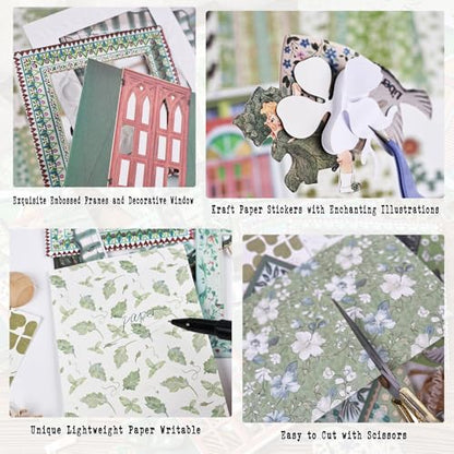 Diuhofart Scrapbooking Supplies Kit, 45 Pieces Green Aesthetic Junk Journal Kit with Scrapbook Paper, Embossed Collage Cards and Stickers for Journaling Supplies, DIY Art Craft, Collage - color: 45 Green Scrapbooking Supplies Kit