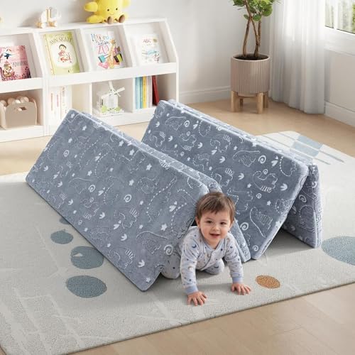 MeMoreCool Kids Floor Mattress, 48x72 Inch Foldable Play Mat, Grey Dinosaur - color: Grey Dinosaur