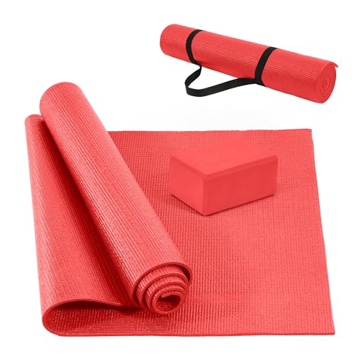Fitvids All Purpose Thick High Density No Tear Exercise Yoga Mat with Strap & Lightweight Features for Indoor & Outdoor Use - color: Red