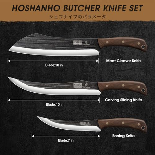HOSHANHO Butcher Knife Set, 3PCS Knife Set of Meat & Slicing & Boning Knife | Ultra Sharp Kitchen Knife Set, Hand Forged High Carbon Steel Knives Set for Home & Camping & BBQ Gift with Men - size: 10"