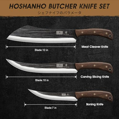 HOSHANHO Butcher Knife Set, 3PCS Knife Set of Meat & Slicing & Boning Knife | Ultra Sharp Kitchen Knife Set, Hand Forged High Carbon Steel Knives Set for Home & Camping & BBQ Gift with Men - size: 10"
