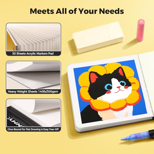 ENMY Acrylic Marker Sketch Pad, 4.7×4.7 inch Bleed-Proof Marker Paper,140lb/300gsm Heavyweight Sketchbook, 30 Sheets Drawing Pad Glue-Bound with Hard Backing for Artists, Students (M 12×12 cm) - size: M（4.7×4.7 inch）